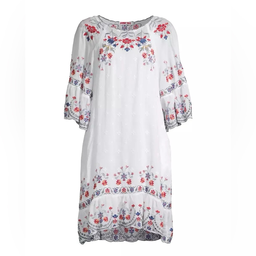 New Johnny Was Victoria Floral Embroidered White Shift Dress Sz M